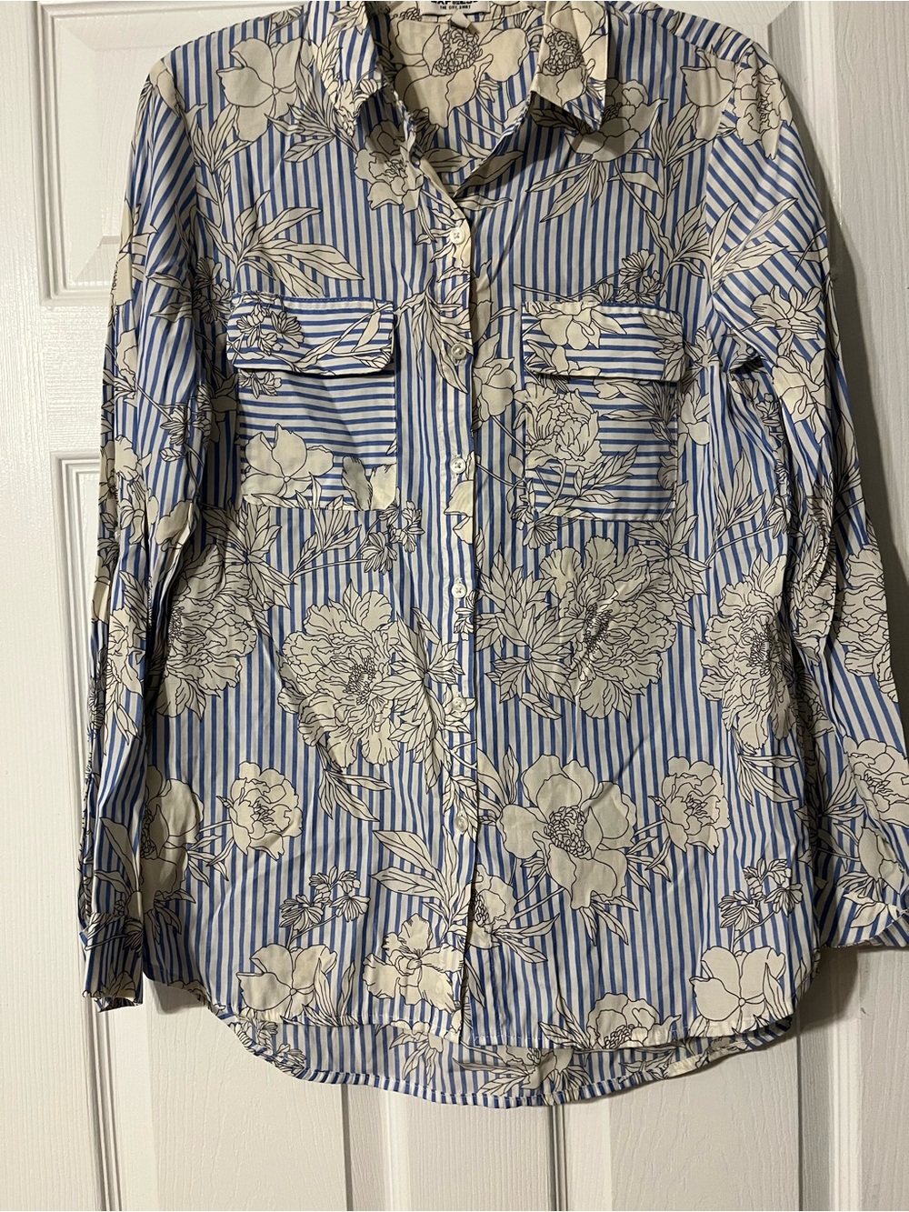 Women’s Blue and White Striped Floral Button-Up Shirt